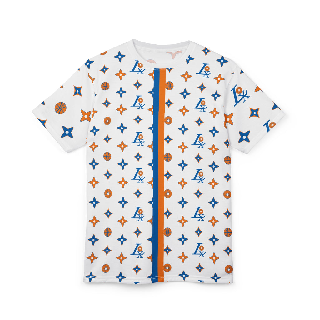 Basketball Pattern All-Over Print Tee — Blue & Orange Monogram Stripe
