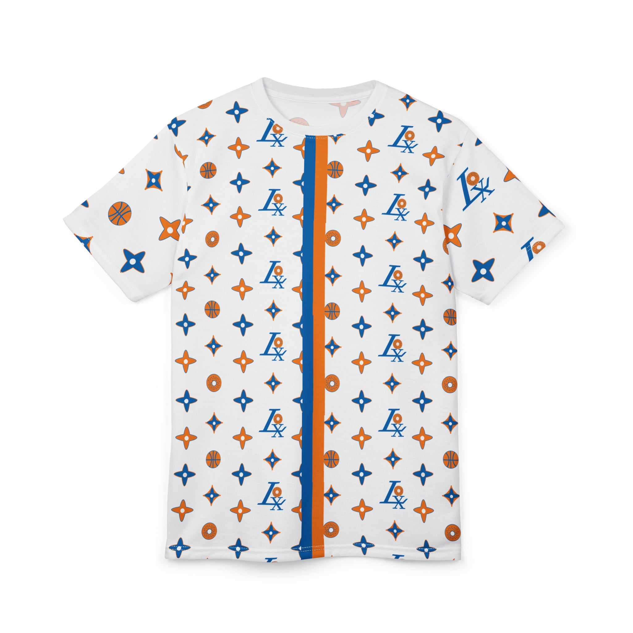 Basketball Pattern All-Over Print Tee — Blue & Orange Monogram Stripe