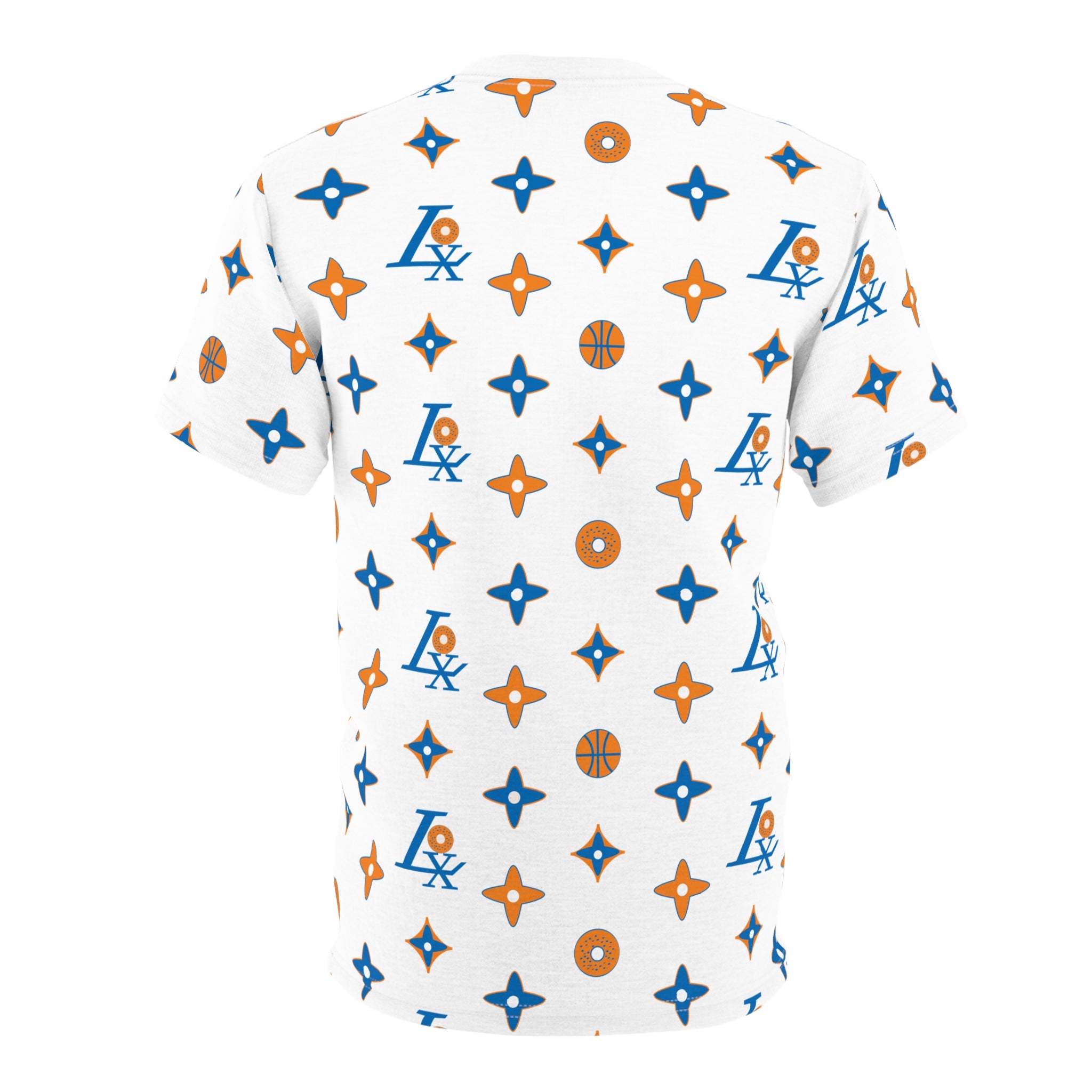Basketball Pattern All-Over Print Tee — Blue & Orange Monogram Stripe