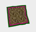 A square scarf with  NEW JERSEY leopard print pattern in the center, bordered by a bright pink inner border and a dark green outer border, shown on a light gray background.