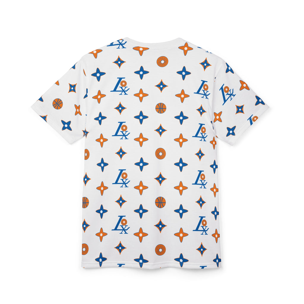 Basketball Pattern All-Over Print Tee — Blue & Orange Monogram Stripe