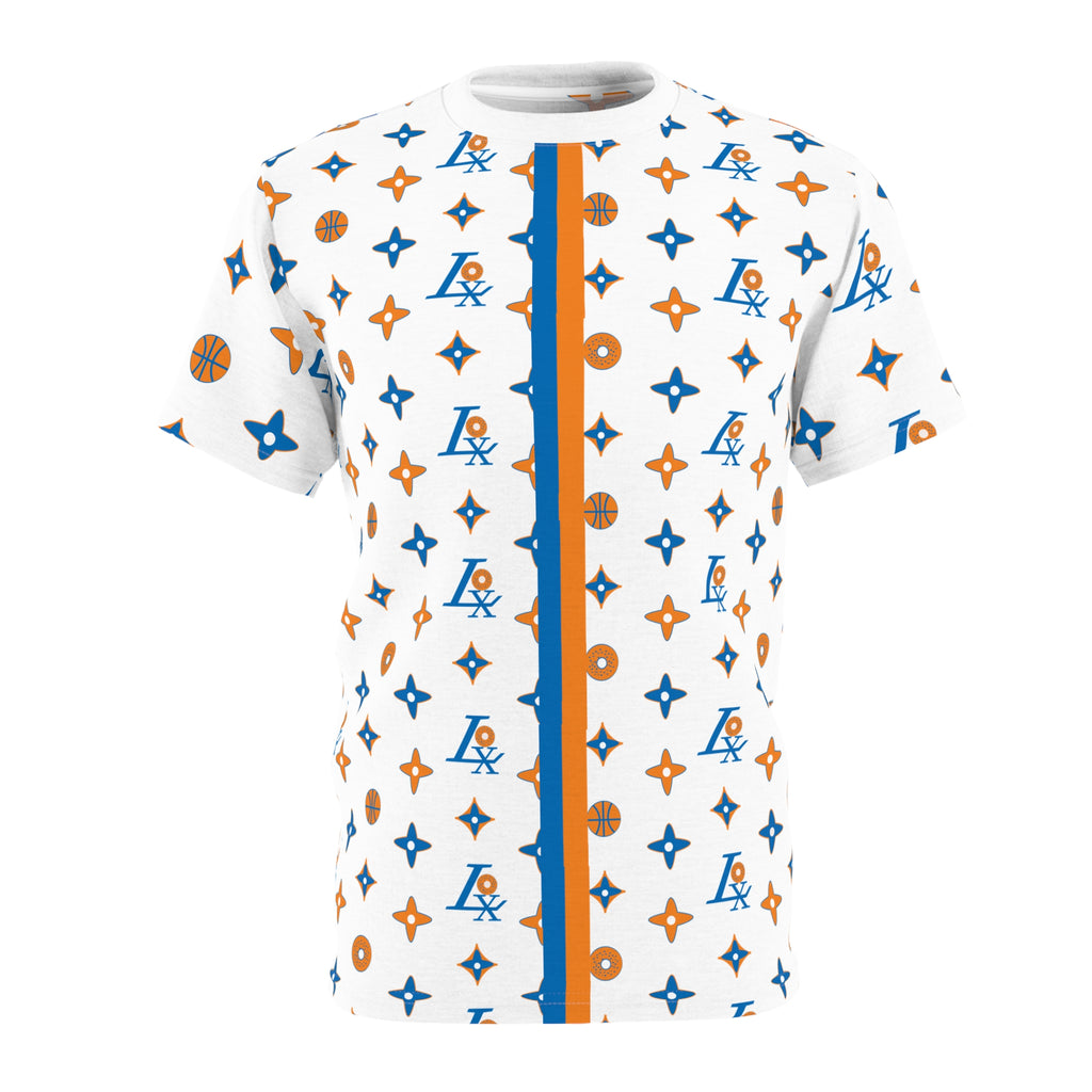 Basketball Pattern All-Over Print Tee — Blue & Orange Monogram Stripe