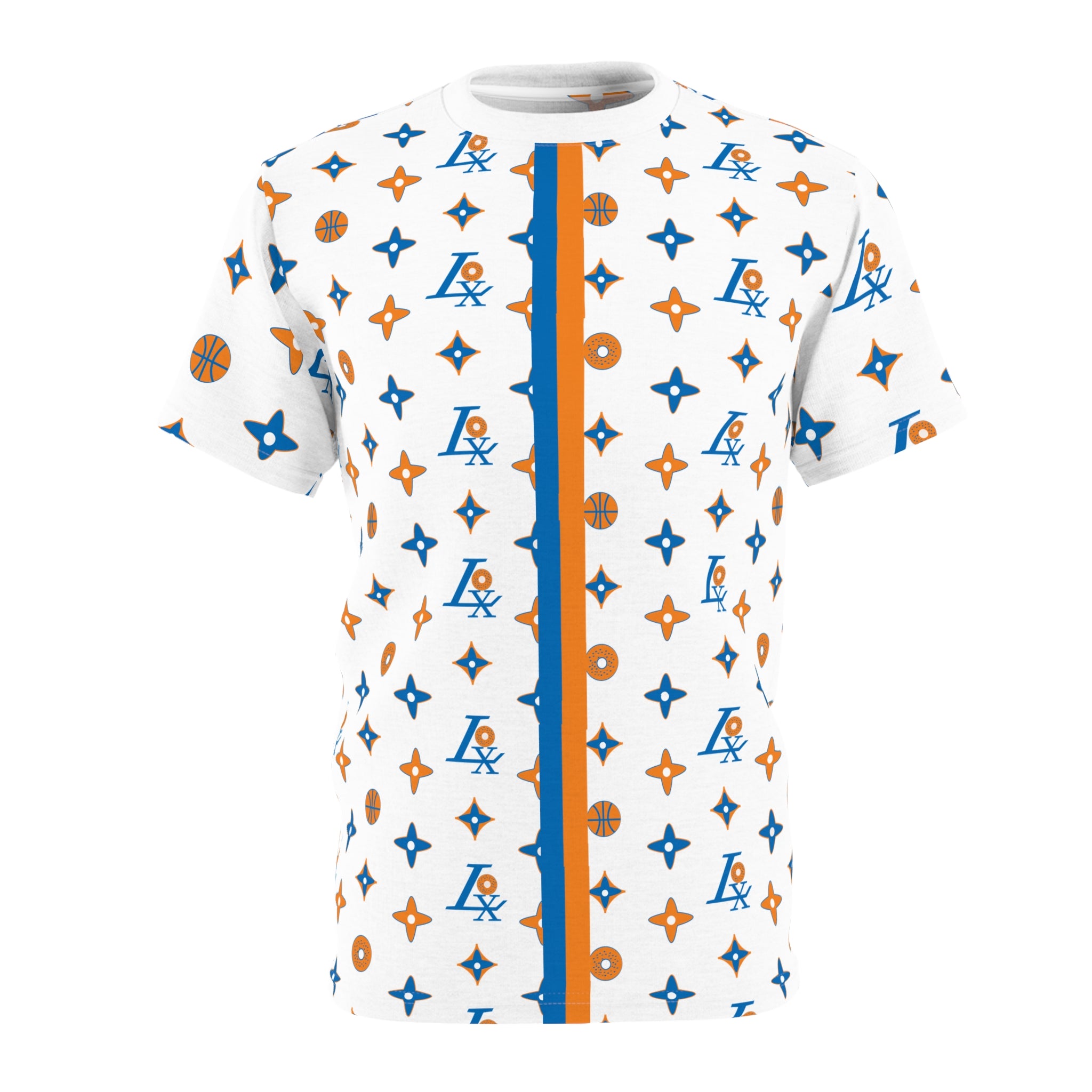 Basketball Pattern All-Over Print Tee — Blue & Orange Monogram Stripe