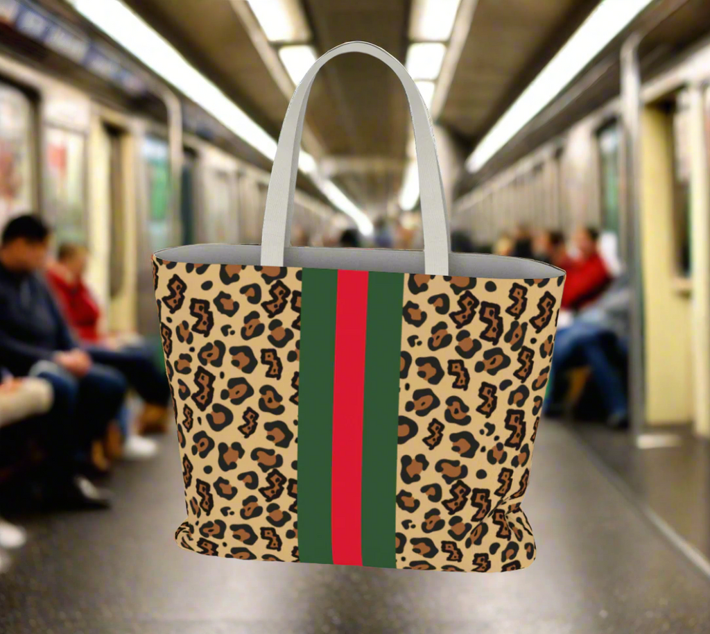 New Jersey Leopard Tote bag with leopard print and green and red stripe on a white background